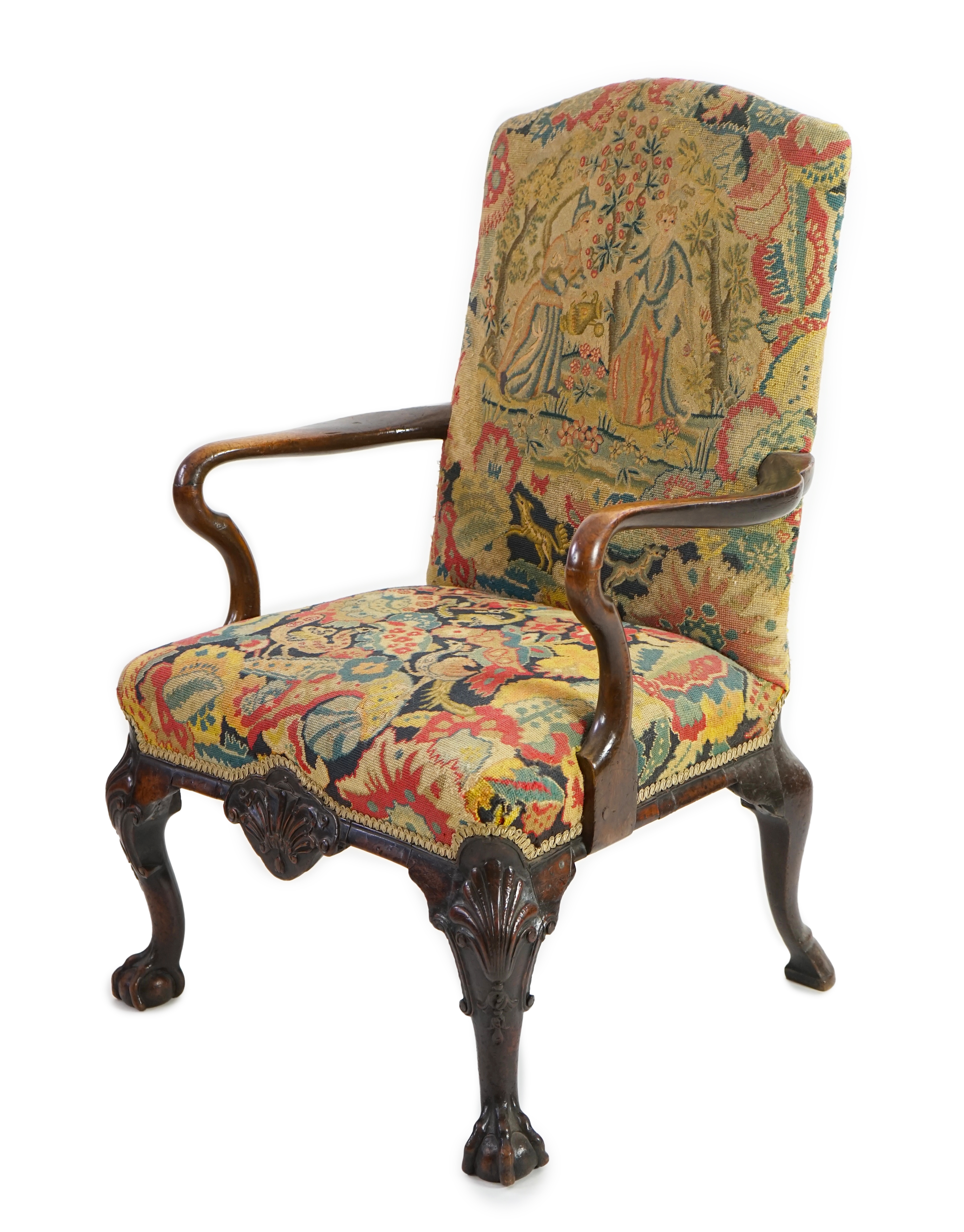 A George II walnut upholstered open armchair